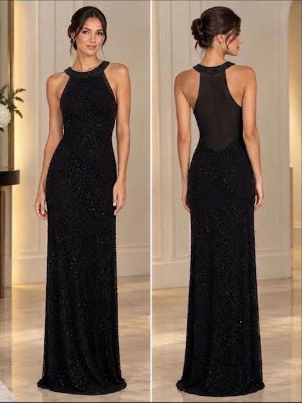 Adrianna Papell Black Beaded Halter Maxi Gown